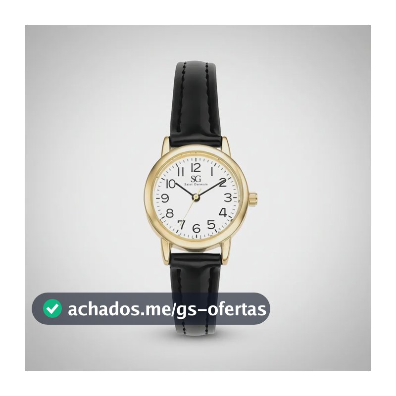 Relógio Feminino Dourado Saint Germain 24mm Correia Preta Caixa Dourada Fundo Branco Elegante Clássico Delicado