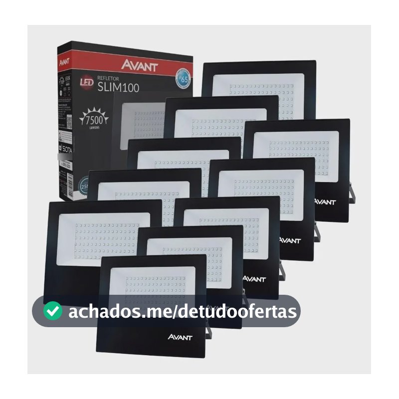Kit com 10 Refletores LED Avant de 100W Branco-Frio com Carcaça Preta