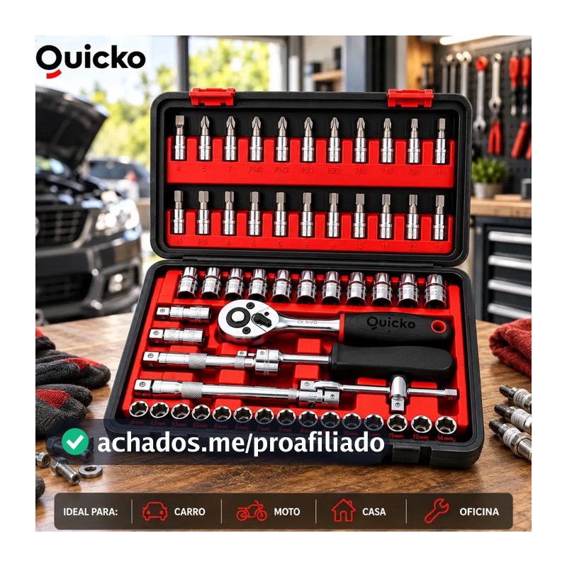 Kit Ferramentas 46 Peças Jogo Chaves Catraca Soquetes Allen Torx Fenda Phillips Maleta Completa Manual Mecânico Manutenção Casa Carro Oficina Profissional ajustes e reparos diversos montagens Quicko