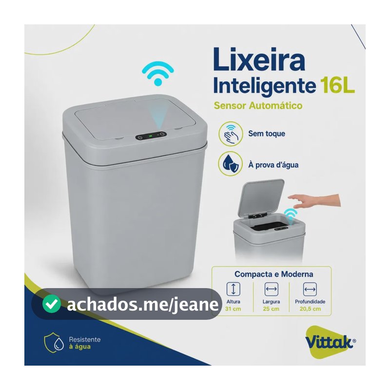 Vittak Lixeira Inteligente 16 L Com Sensor Automático para Cozinha e Banheiro Cinza Com Pilhas Inclusas