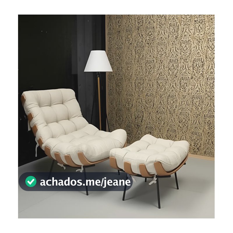 Poltrona Costela Com Puff Linho Para Sala Quarto Luxo Cor Poltrona Costela E Puff Linho Bege Claro Desenho Do Tecido Poltrona Linho