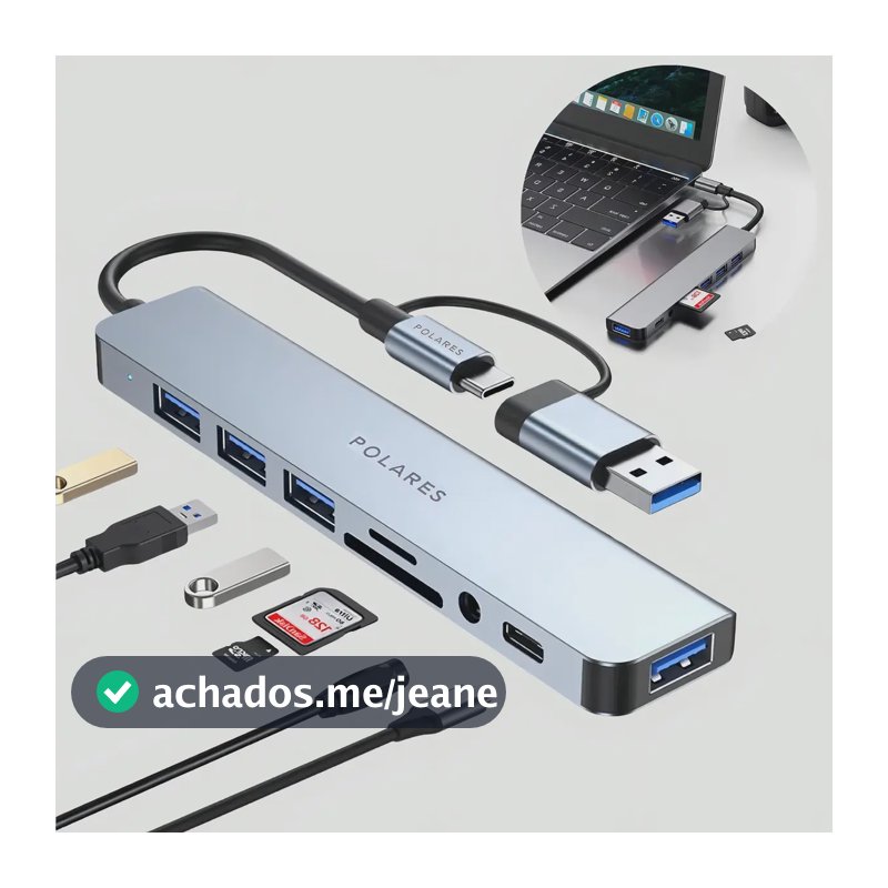 POLARES ZEN2 Hub USB-C e 3.0 8 em 1 Cinza com 4 Portas USB, P2, SD e MicroSD Compatível com Macbook Windows Linux