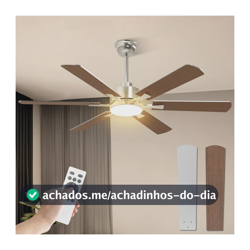Ventilador de Teto FANSVENTO 52" com Luz LED e Controle Remoto, Marrom Silencioso