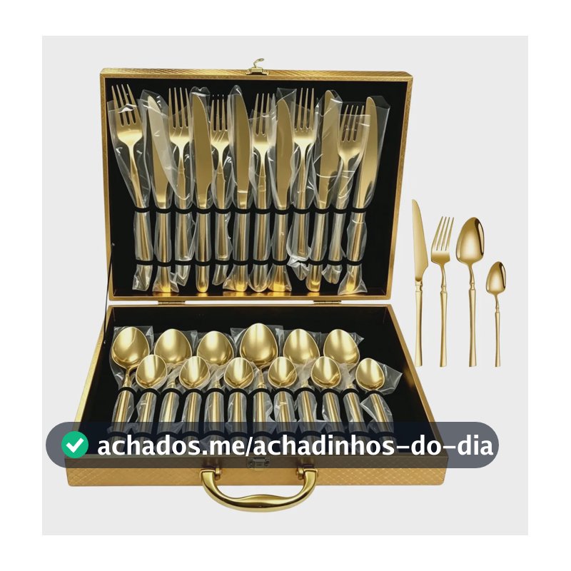 Faqueiro Dourado Aço Inoxidável 24 Pcs Caixa Presente Luxo Dourado
