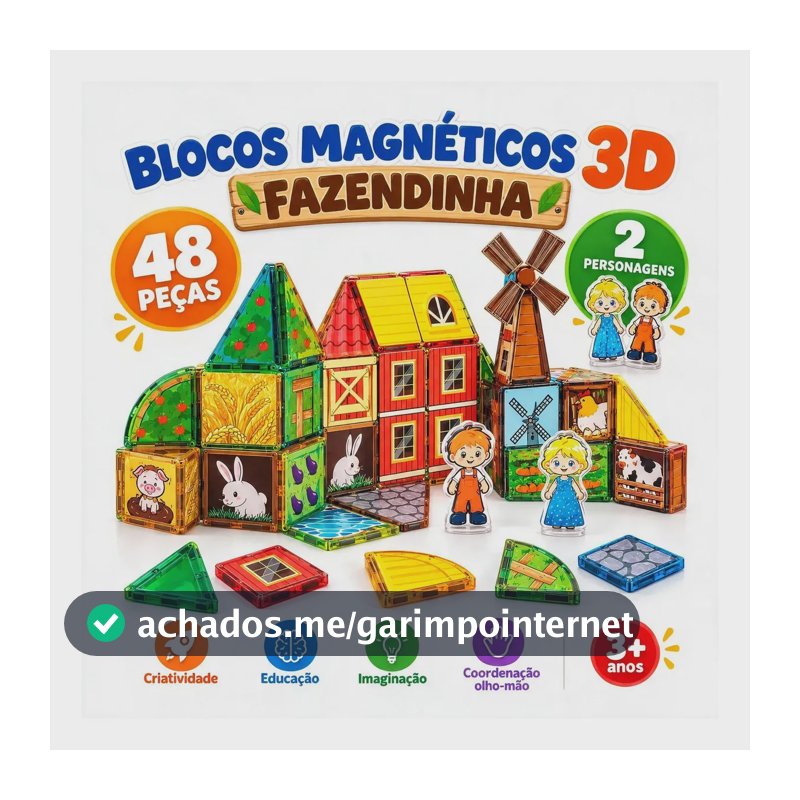 Blocos Magnéticos de Montar Fazendinha 48 Peças Presente Infantil Brinquedo Super Brasileirinho
