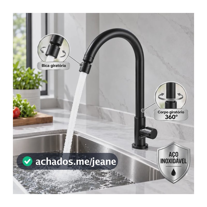 Torneira para Cozinha Inox Preta Fosca de Bancada Água Fria Bica Alta e Corpo Giratórios