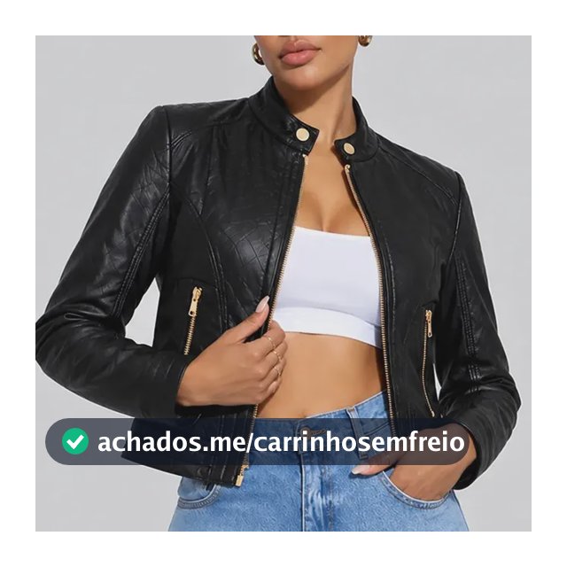 Jaqueta De Couro Cropped Feminina Curta Ziper Bolso Courinho Preto P Liso