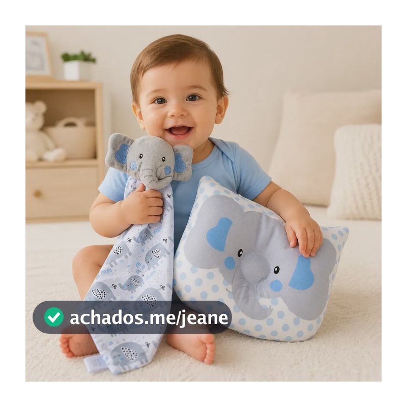 Kit Naninha Pelucia + Travesseiro Bebe Anatomico Almofada Elefante Elefante Azul