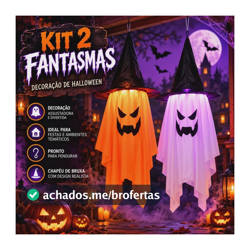 Kit 2 Fantasmas Decoração Pendurar Dia Das Bruxas Halloween Preto E Laranja Caveira Abobora Fantasma