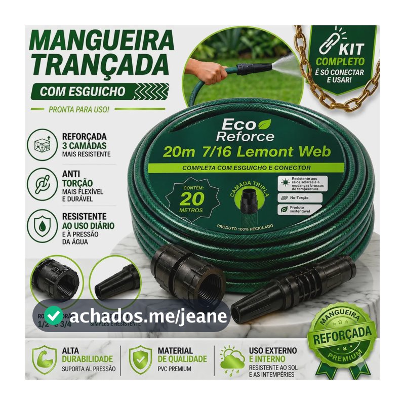 Mangueira Jardim 20m Metros Com Esguicho Trançada Reforçada Flexível 7/16 Anti Dobra Irrigação Quintal Poço Lavagem Durável