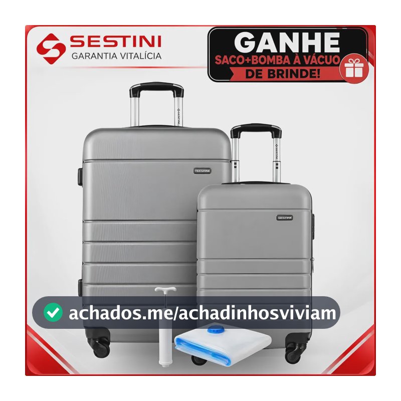 Conjunto Malas De Viagem Sestini : Bordo(10kg) + Média(23kg) Prateado Conjunto 2 Malas Super Resistentes E Espaçosas