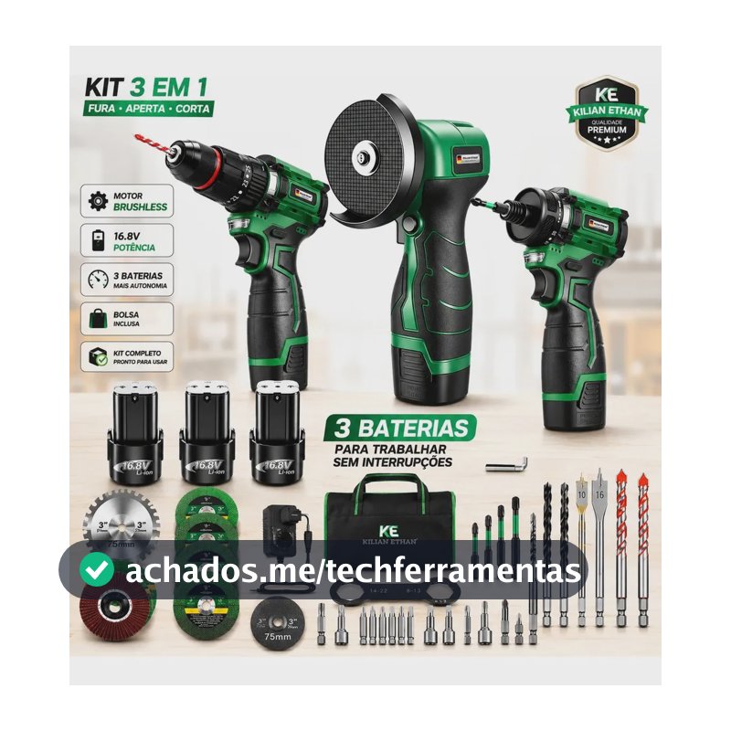 Kit Kilian Ethan 3 em 1: Furadeira, Parafusadeira e Mini Esmerilhadeira 3" Brushless com 3 Baterias