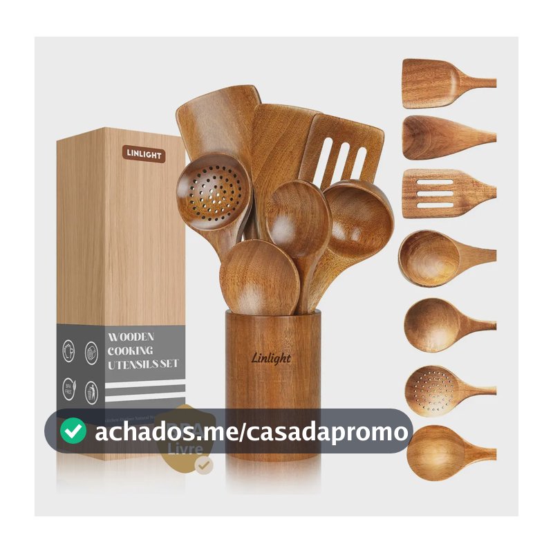 Kit 8 Utensilios Cozinha Escumadeira Madeira Resistentes Ao Calor Com Balde Organizador
