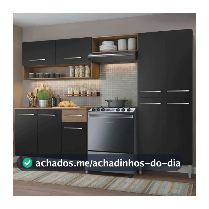 Armário de cozinha modulada completa compacta Emilly pop com armário e balcão cor rustic/preto GREM229002