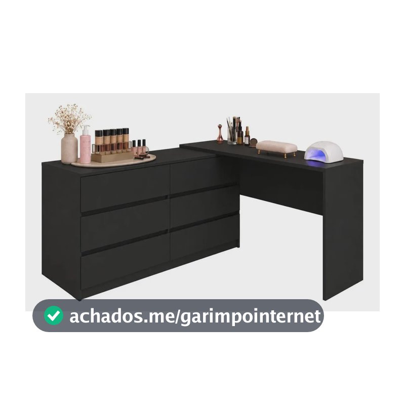 Mesa de Manicure Profissional de Canto em L com 6 Gavetas Organize Multimóveis MP6068 Preto