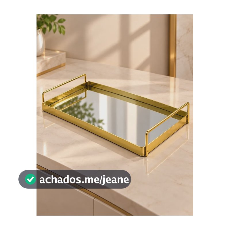 Bandeja Espelhada Decorativa 34x24cm Metal Alça Lavabo Sala Dourado