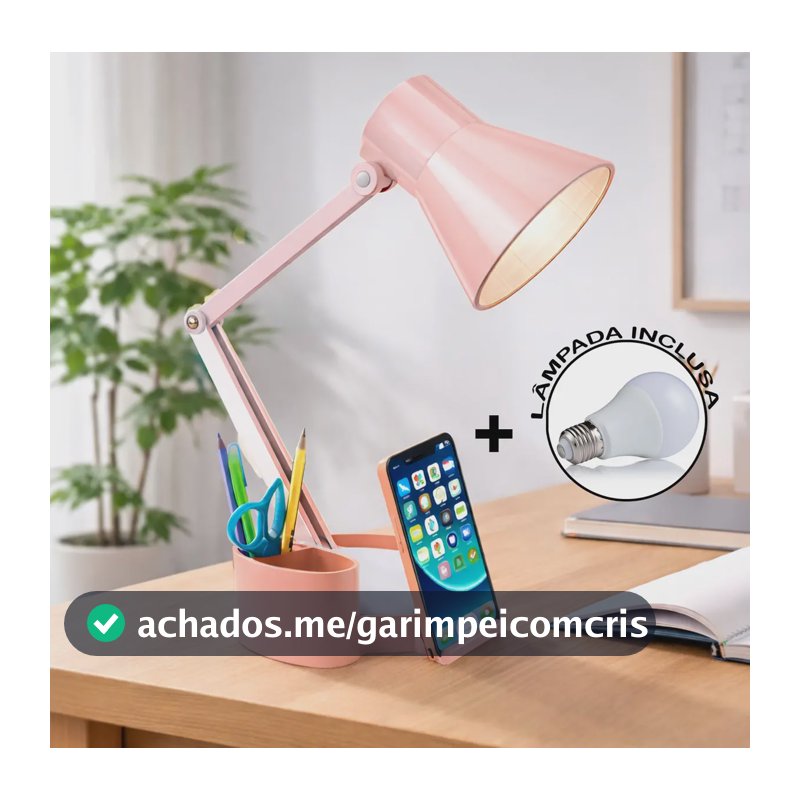 Abajur Luminária Articulada Porta Lápis Home Office Estudo Cúpula Salmão Estrutura Salmão/Branco