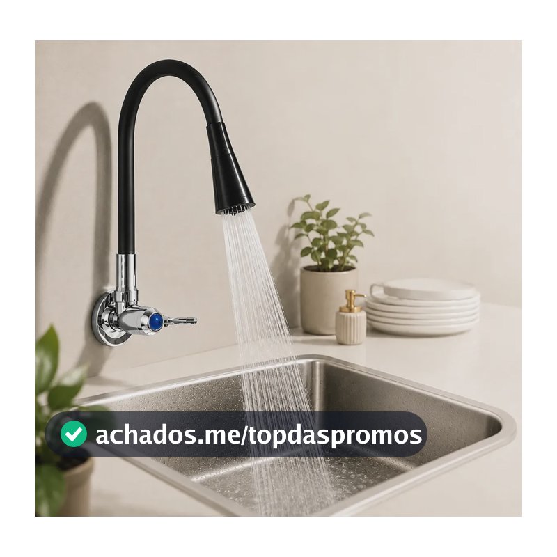 Torneira Gourmet Luxo Flexível Cozinha Parede 2 Jatos Pia Metal Cor Aço Inox e Preto 1/2 Polegadas Aquattro