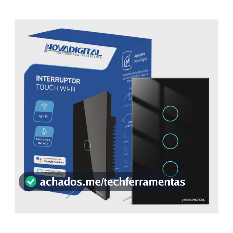 Interruptor Inteligente Wifi Novadigital 3 Teclas Botões Touch Tuya Smart Life Alexa Google 110v 220v Bivolt Preto Lite-ws3