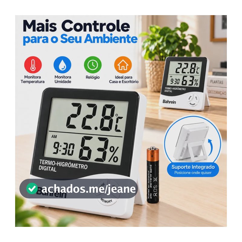 Termo Higrômetro Digital Bahrein Para Medir Temperatura Interna E Umidade do Ar Com Relógio Com Memória Máxima Mínima Ideal Para Casa Quarto Escritório Estufa Chocadeira Incubadora Geladeira Adega