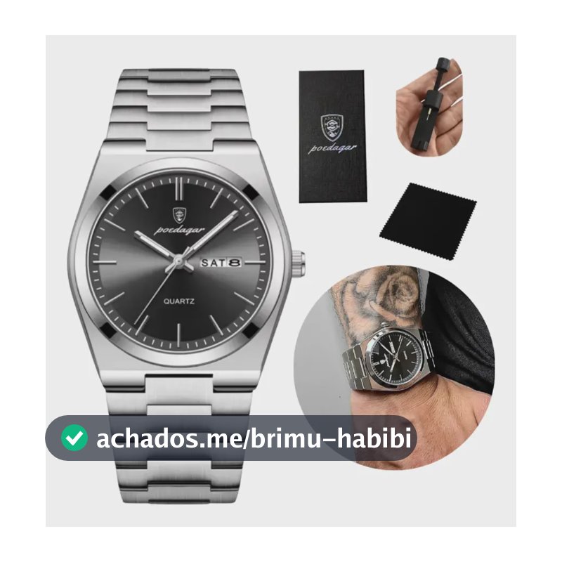 Relógio Poedagar Suiço  Masculino Aço Inox Old Money C/caixa Prateado Preto