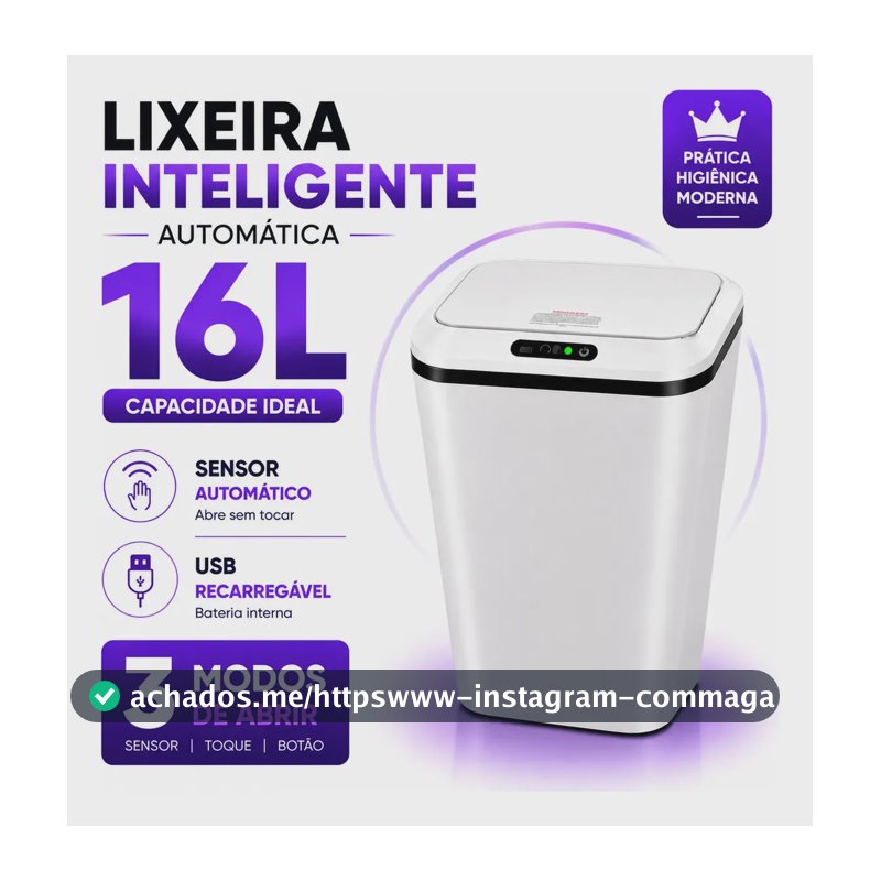 Lixeira Inteligente Automática 16L Sensor Infravermelho Recarregável USB-C 3 Modos Tampa Touch Banheiro Cozinha