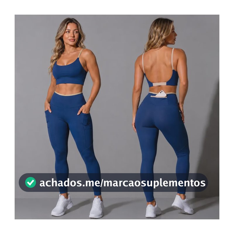 Conjunto Academia Top Calça Legging Fitness Roupa Kit Bolso Azul/areia Liso P 36/38
