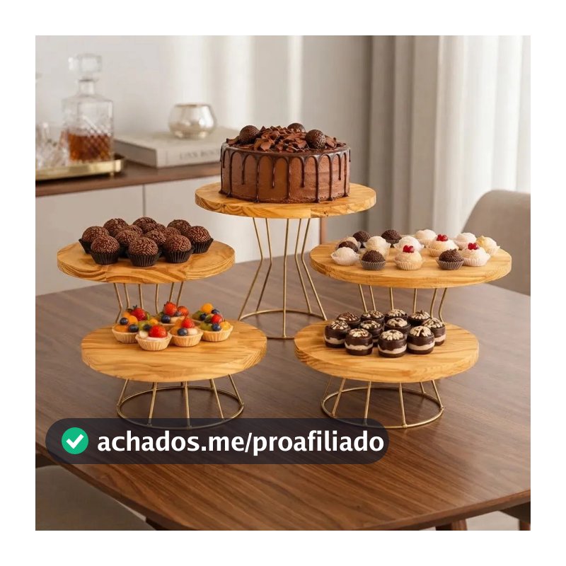 Kit Boleira Suporte Mesa 5 Peças Ferro E Madeira Dourado Festa Bolos