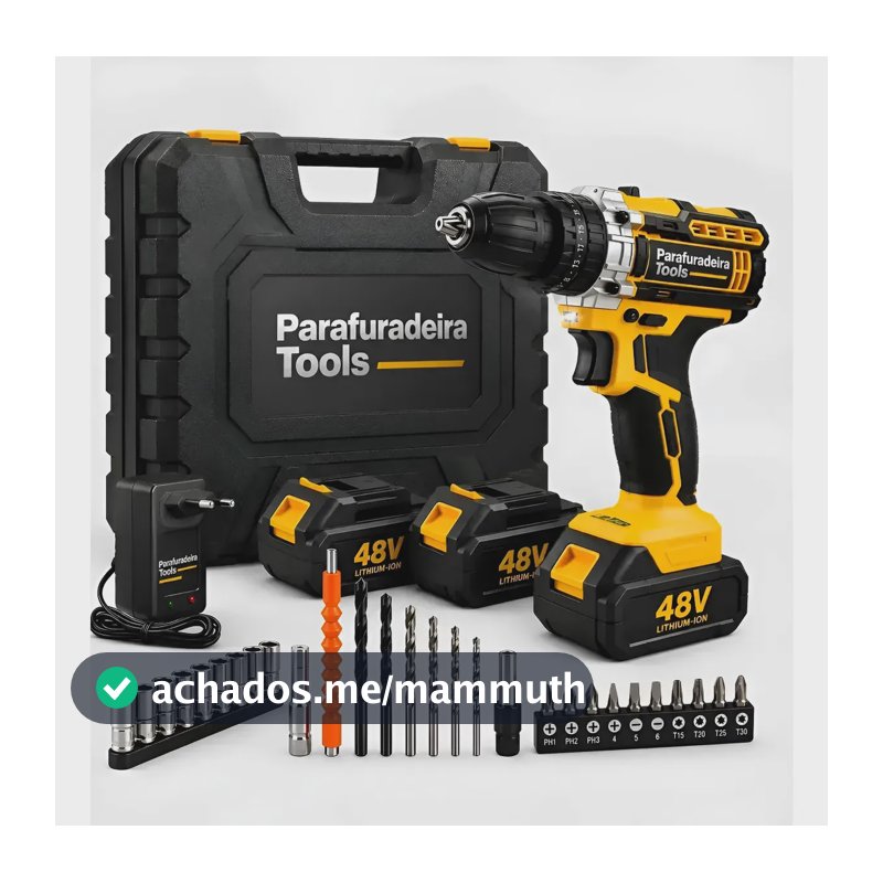Parafusadeira Furadeira Sem Fio Profissional 2 Baterias Recarregavel 48v Bivolt + Maleta Acessórios Kit Completo Led Eixo Flexível Velocidade ajustável com Travas Mandril Resistente EvolufixTools