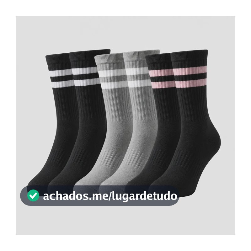 Kit 3 Meias Cano Alto Listrada 100% Algodão Confortável Preto Branco/cinza/preto Rosa Listras 3 Pares