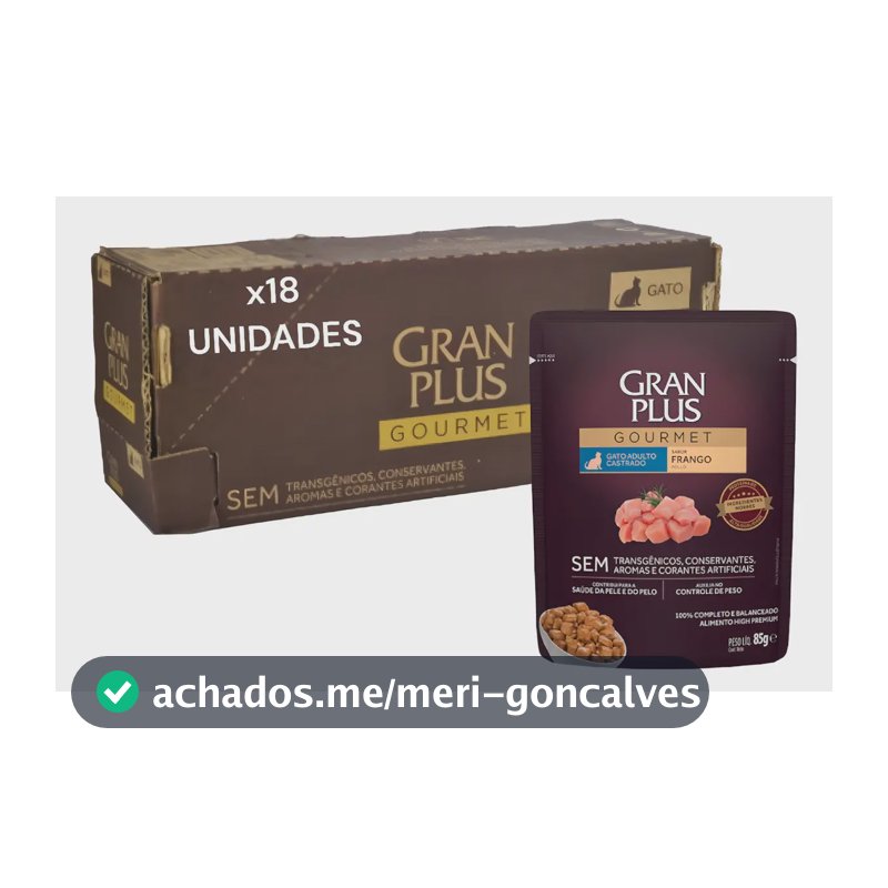 Caixa Ração Úmida Granplus Frango Gatos Castrados 18 Sachês, 85g cada