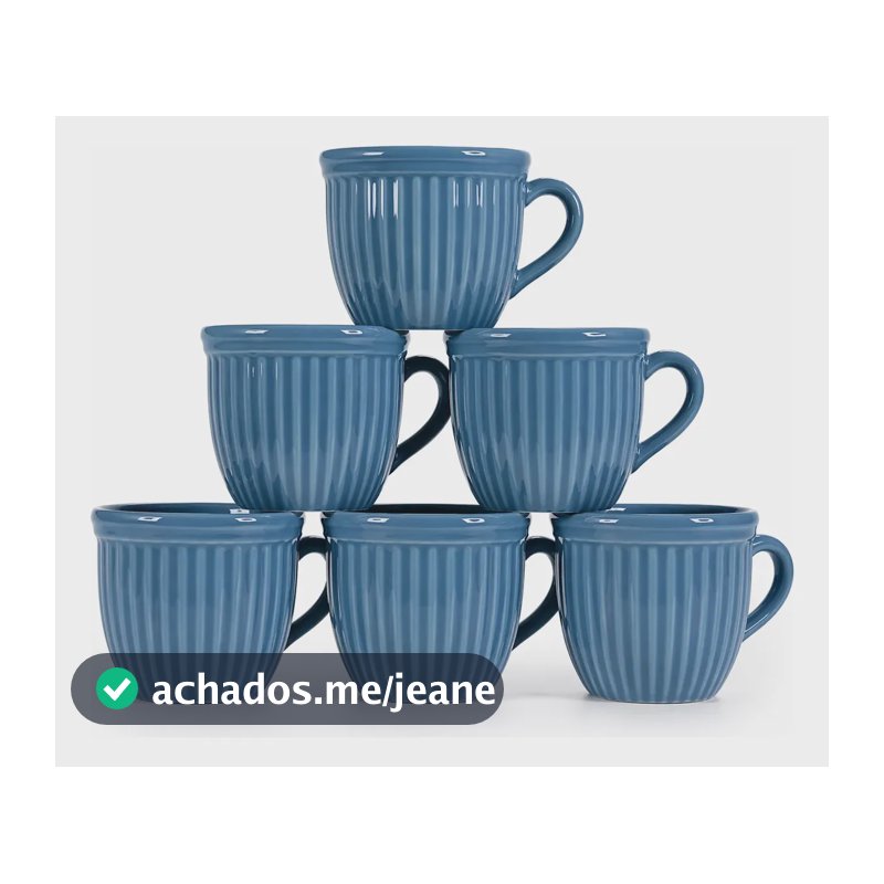 Jogo 6 Xícaras 210ml Caneca Canelada Em Porcelana Chá Café Azul-aço Canelada