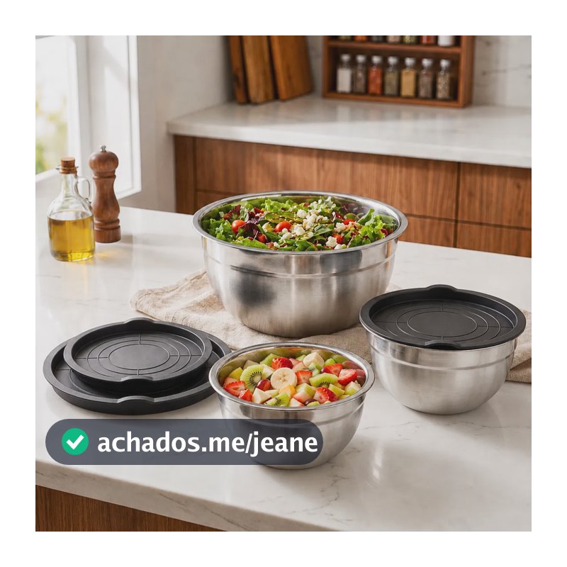 Kit 3 Bowls De Inox Com Tampas Tigelas Aço Tamanhos Variados Bowls Inox Prata