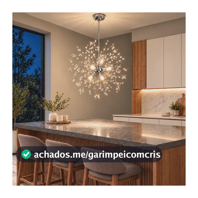 Lustre Pendente Dente De Leão Cristal Branco, Lustre Pendente de Cristal Moderno, Luminária de Teto Dente-de-Leão 52cm Prata, 6 Soquetes G9, Bivolt 110-265V, Para Sala de Jantar e Quarto, Tieesa
