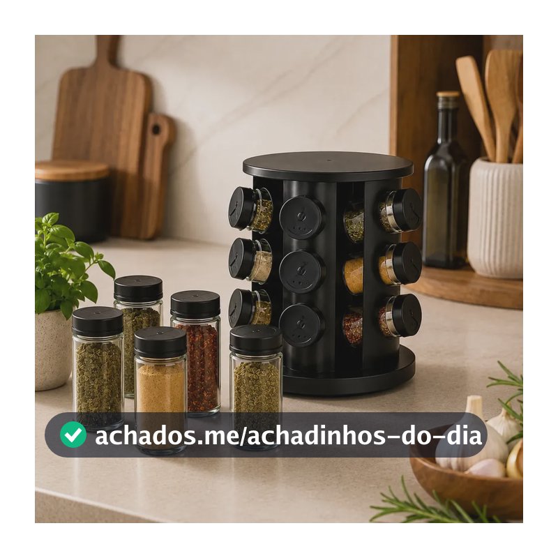 Porta Temperos Giratório 12 Potes De Vidro Condimentos Preto Preto