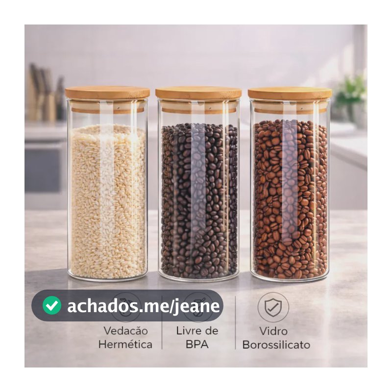 Kit 3 Potes De Vidro Herméticos Com Tampa De Bambu De 1 L Para Mantimentos Alimentos Grãos Café Massas Cereais Cozinha Com Vedação Hermética Vidro Borossilicato Bpa Free Transparente