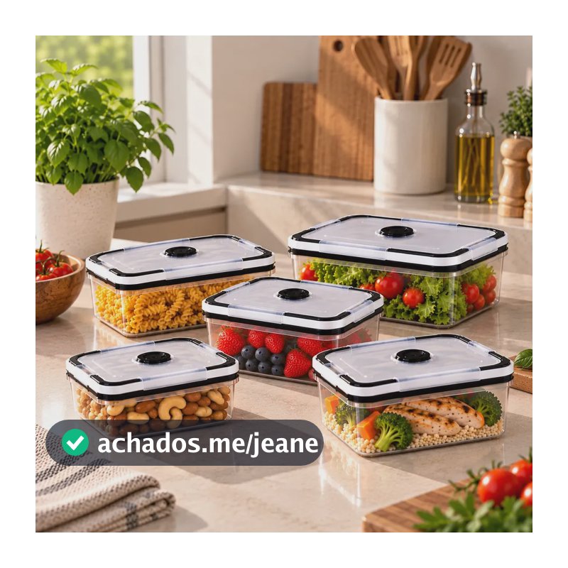 Kit com 5 Potes Herméticos Retangulares Para Alimentos, de Plástico e com Tampa