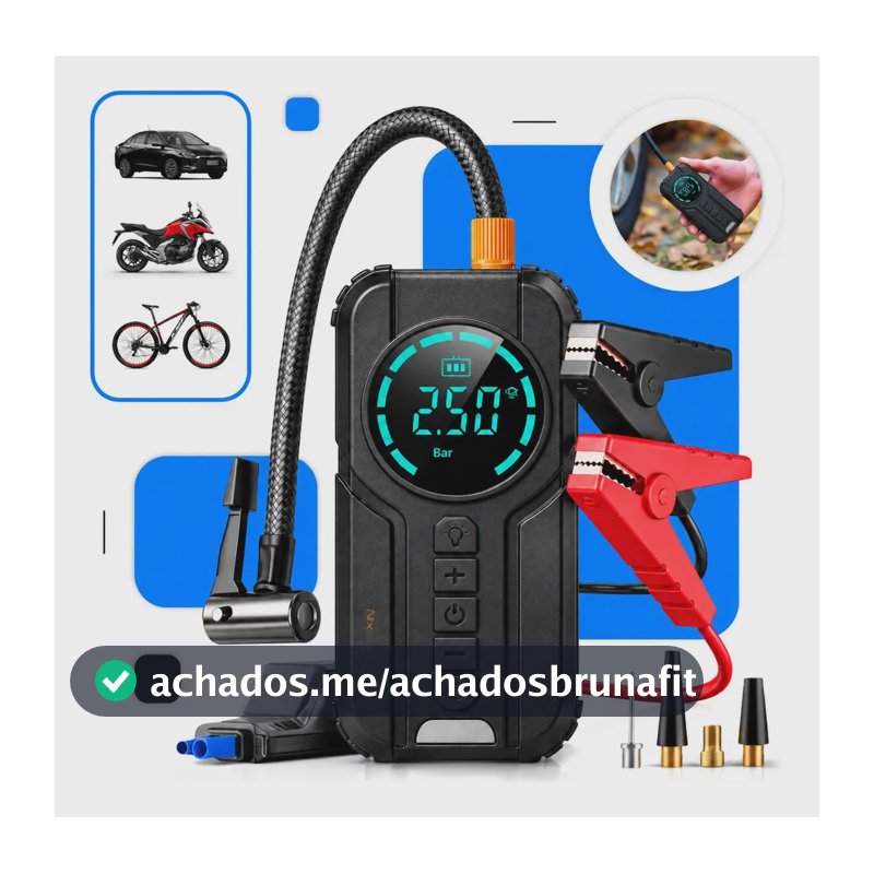 Auxiliar de Partida Carregador Bateria Com Compressor De Ar Portátil Veicular Emergência 6 em 1 Inteligente Digital 12V Calibrador Pneu Automotivo Lanterna LED Moto SUV Bike Caminhonete Marca Nixzen