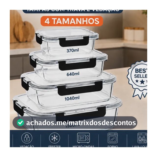 Kit 4 Potes De Vidro Hermético Marmita Vários Tamanhos