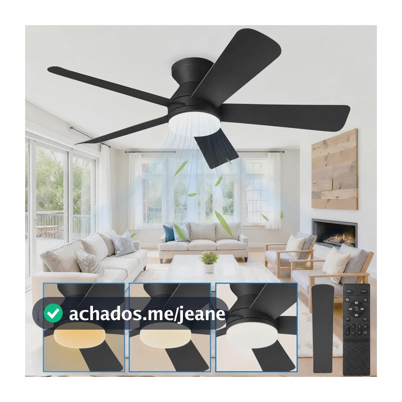 Ventilador de Teto 42" Com Luz LED, 5 Pás, Motor Silencioso e Controle Remoto Para Sala ou Quarto,preto