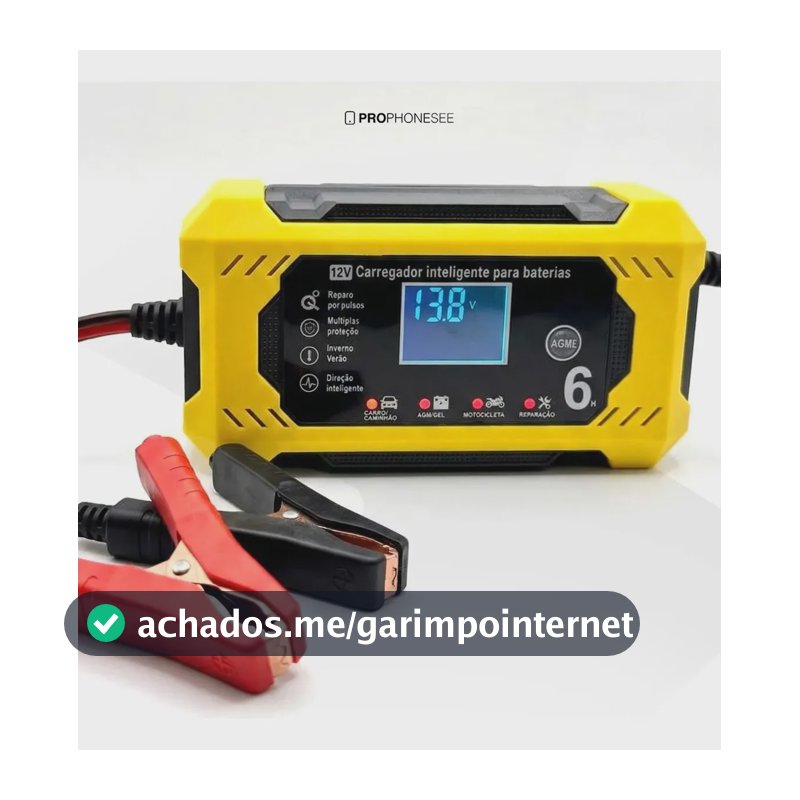 Carregador De Bateria 12V Automotiva Inteligente Portátil Fonte Auxiliar Veicular Chupeta Rapida Carro Moto Lancha Jetski Caminhao Cabo 2m Eletrico Estacionaria Potente Led Recupera Carga Emergencia