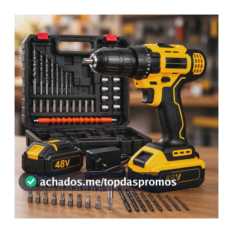 Parafusadeira Furadeira Impacto Sem Fio 2 Baterias 48V Profissional Bivolt Maleta Kit Completo Acessórios LED Eixo Flexível Torque Ajustável Velocidade Variável Reversível Mandril 10mm Brocas Hardline