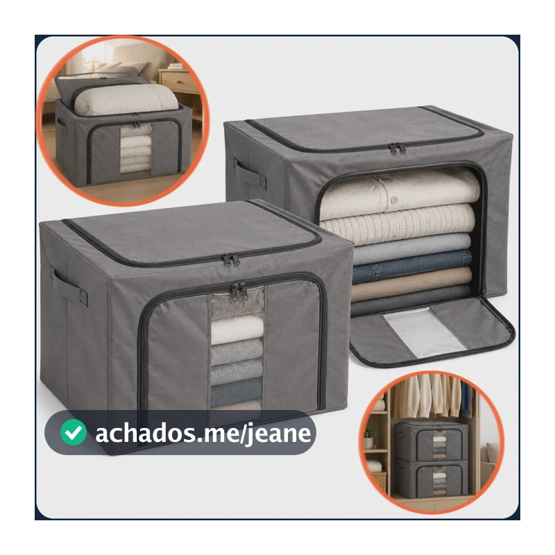 Kit 2 Caixa Cesto Organizadora Dobrável Multiuso Com Tampa Grande Organizadores Guarda Roupas Portátil Coberta Cama Toalha Lençol Com Zíper JN Jáquero Novidades Cinza