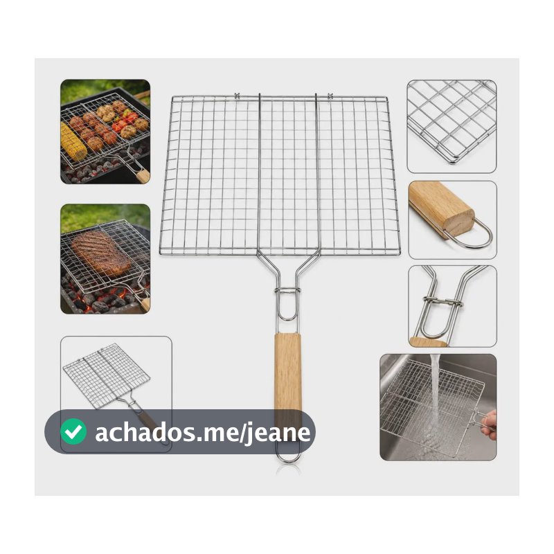 Grelha Dupla Churrasco Inox Cabo Madeira 34x22cm