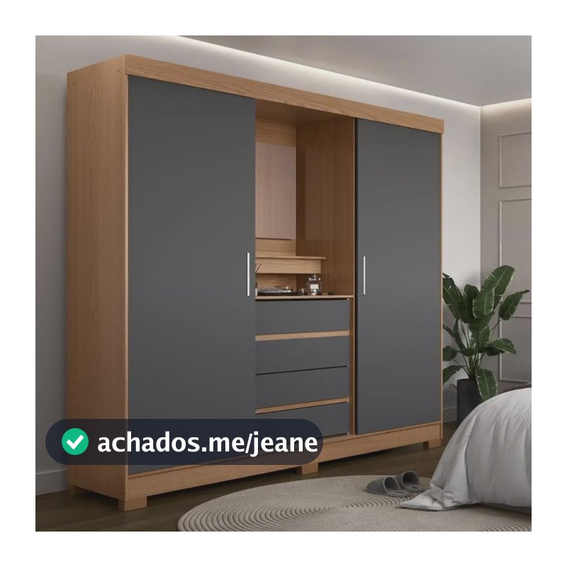 Guarda-roupa Italo Casal 2 Portas De Correr Com Espelho e Porta Jóia Cor Carvalho com Grafite