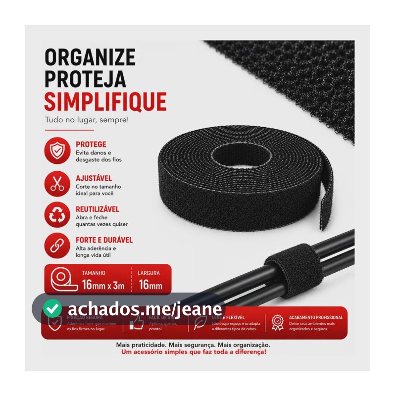 Fita Velcro Organizador Cabos 16mm X 3m Preta Profissional Preto