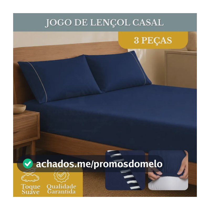 Jogo de Lençol Casal 3 Peças 400 Fios Micropercal Azul-marinho Elástico