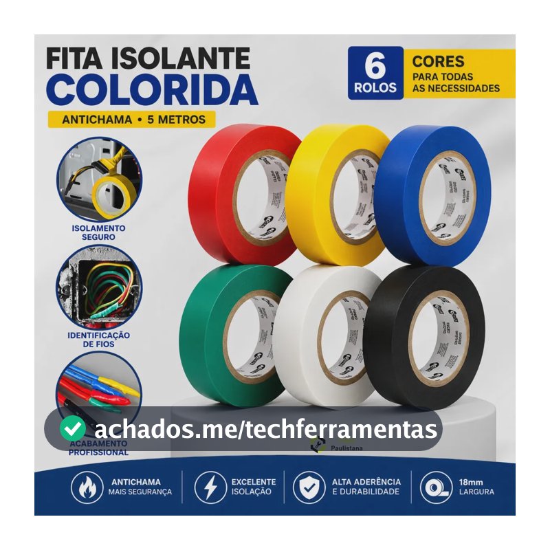 Fita Isolante Colorida Anti Chama 5m Elétrica Atacado 6 Rolos Casa Paulistana Vermelha Verde Azul Amarela Preta Branca Lisa