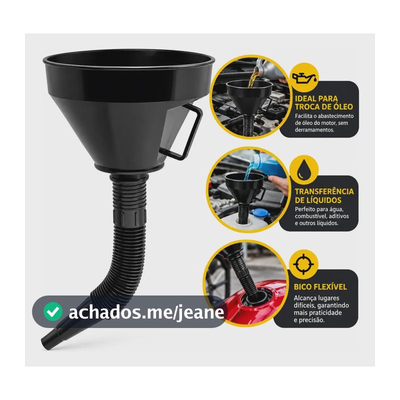Funil Flexível Preto Plástico 34cm Para Troca De Óleo E Combustível