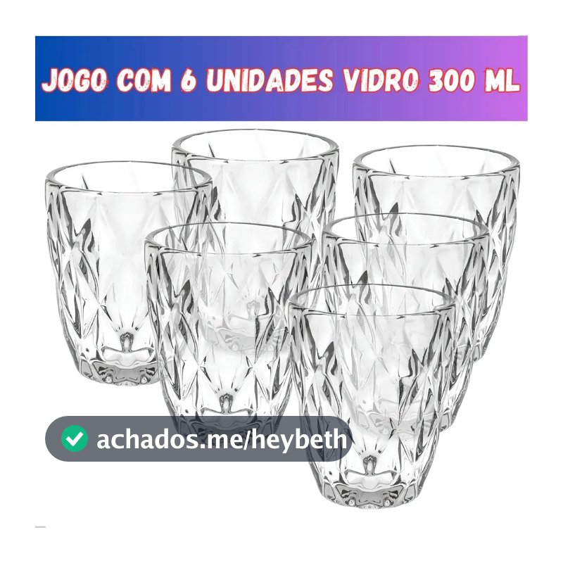 Jogo 6 Copos Vidro Diamante Grosso Resistente Agua 300ml Branco Ms Variedades
